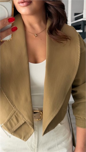 Olive Elastic Waist Belted Bomber Trench Coat