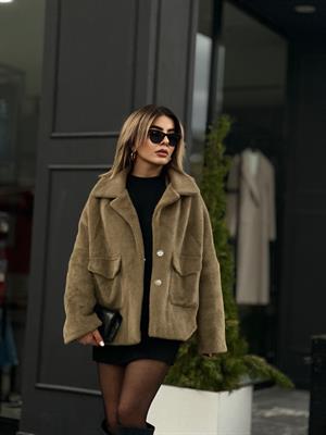 Olive Büyük Cepli Peluş Kürk