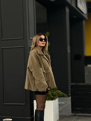 Olive Büyük Cepli Peluş Kürk