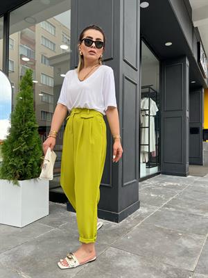 Olive Kapak Cep Bel Düğme Detay Pantolon