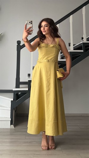 Olive Linen Belted Midi Dress with Straps