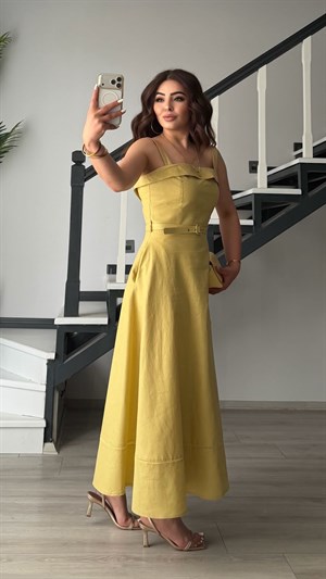 Olive Linen Belted Midi Dress with Straps