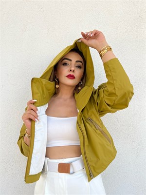 Olive Kısa Kapüşonlu Trençkot