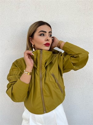 Olive Kısa Kapüşonlu Trençkot
