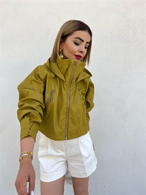 Olive Kısa Kapüşonlu Trençkot