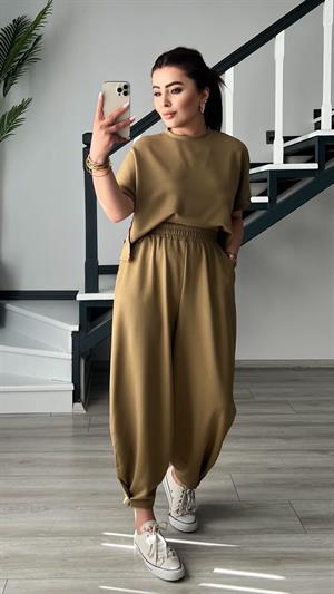 Olive Modal Kumaş Tişört-Pantolon Takım