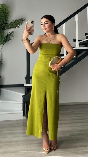 Olive Ön Yırtmaçlı Straplez Elbise