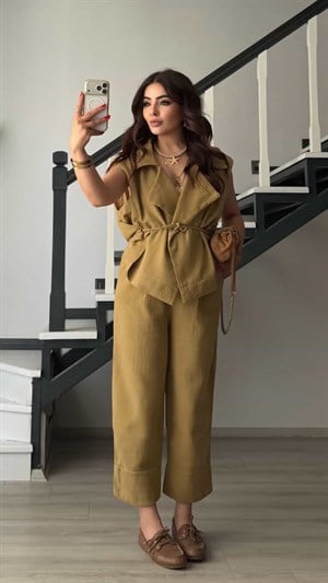 Olive Organik Keten Yelek-Pantolon Takım