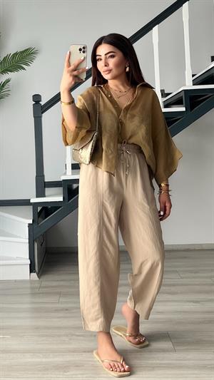 Olive Oversize İpeksi Gömlek