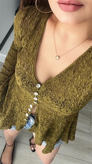 Olive Peplum Dantel Bluz