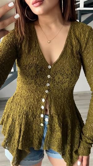 Olive Peplum Dantel Bluz