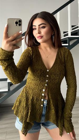 Olive Peplum Dantel Bluz