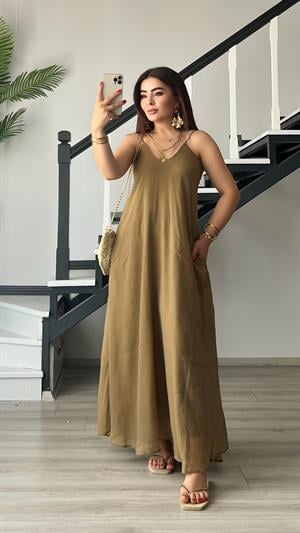 Olive Tnsel Ayatalanabilir Askılı Cepli Elbise