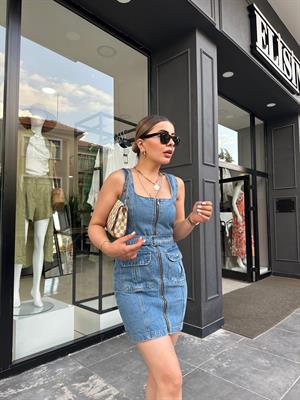 Denim Dress with Front Pockets and Zipper