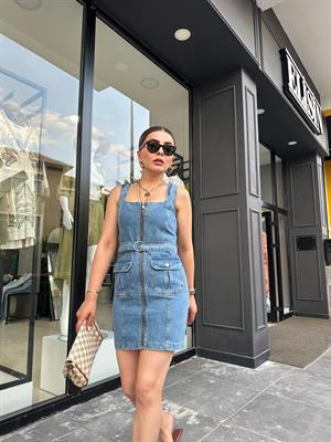 Denim Dress with Front Pockets and Zipper