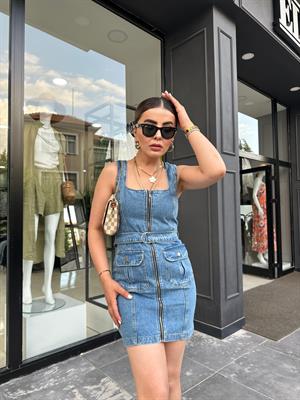 Denim Dress with Front Pockets and Zipper