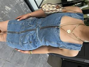 Denim Dress with Front Pockets and Zipper