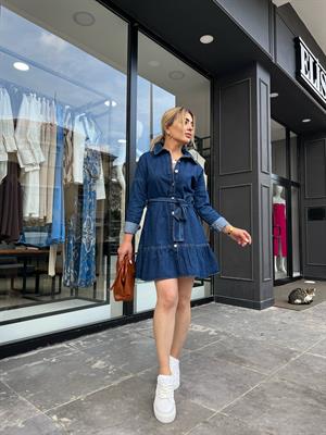 Önden Düğmeli Kuşaklı Denim Elbise