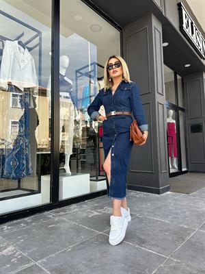 Önden Düğmeli Midi Boy Denim Elbise 