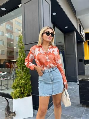 Orange Floral Desen Gömlek 