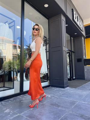Orange Saten Yırtmaçlı Etek 