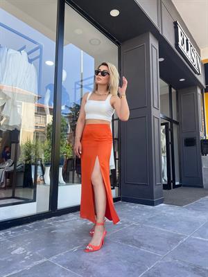 Orange Saten Yırtmaçlı Etek 