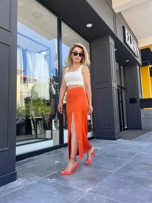 Orange Saten Yırtmaçlı Etek 