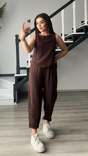Orijinal Marka Acı Kahve Modal Kumaş Kolsuz Bluz - Pantolon Takım