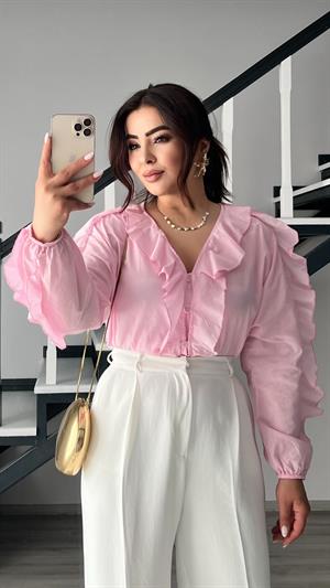 Orijinal Marka Pembe Fırfırlı Gömlek