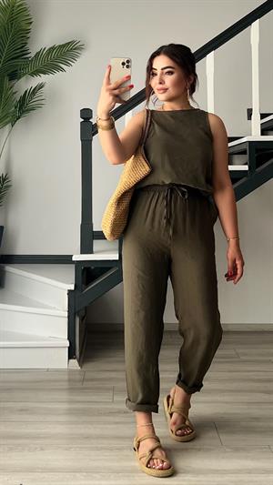 Orjinal Marka Haki Modal Kumaş Kolsuz Bluz-Pantolon Takım 