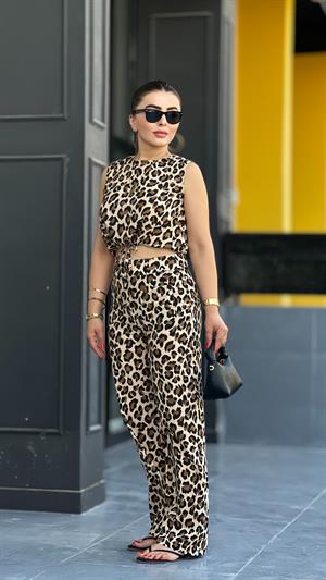 Original Brand Leopard Print Ruched Blouse and Pants Set