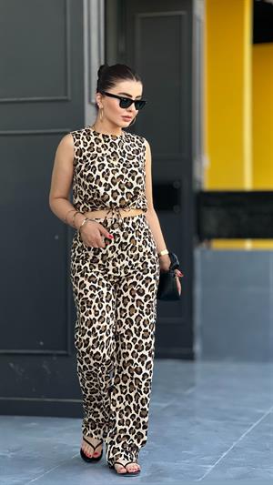 Original Brand Leopard Print Ruched Blouse and Pants Set