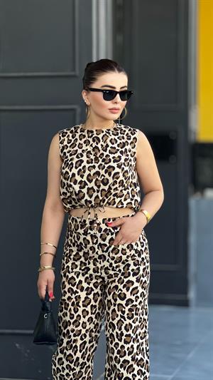 Original Brand Leopard Print Ruched Blouse and Pants Set