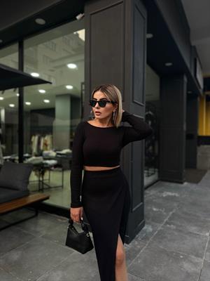 Örme Triko Crop Etek Takım