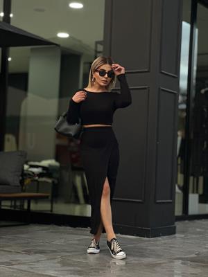 Örme Triko Crop Etek Takım