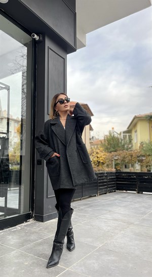 Oversize Kaşmir Dokulu Kaşe Kaban Füme