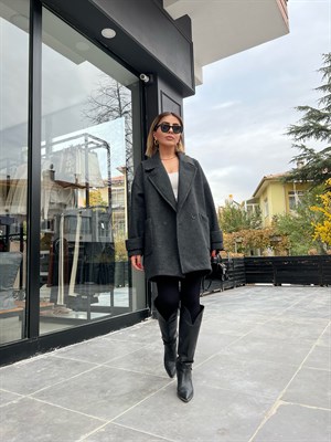 Oversize Kaşmir Dokulu Kaşe Kaban Füme