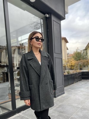 Oversize Kaşmir Dokulu Kaşe Kaban Füme