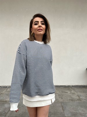 Oversize Lacivert Çizgili Sweat