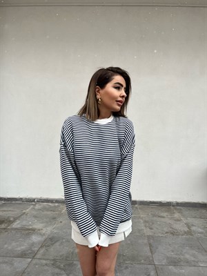 Oversize Lacivert Çizgili Sweat