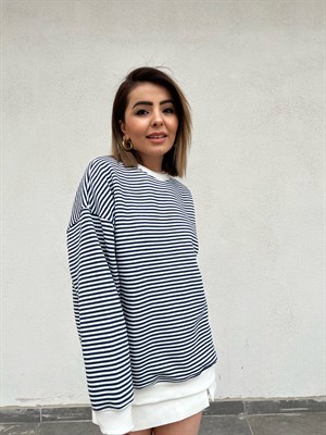 Oversize Lacivert Çizgili Sweat