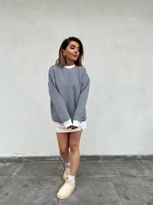 Oversize Lacivert Çizgili Sweat