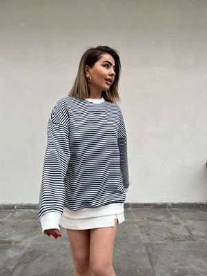Oversize Lacivert Çizgili Sweat