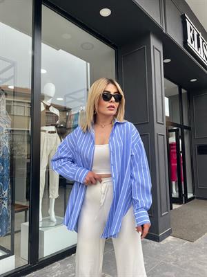 Oversize Mavi Beyaz Çizgili Gömlek