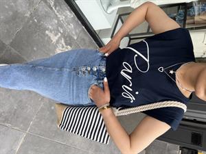 Paris Nakışlı Vatkalı Tshirt Lacivert
