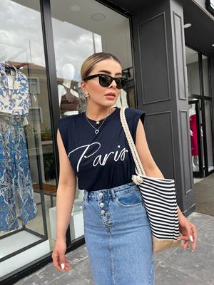 Paris Nakışlı Vatkalı Tshirt Lacivert