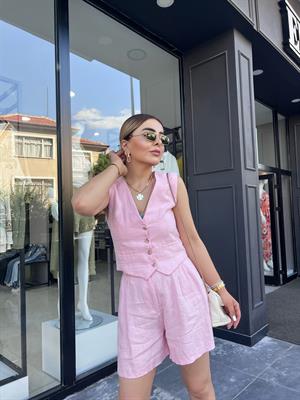 Pembe %100 Ham Keten Astarı Pamuklu Yelek