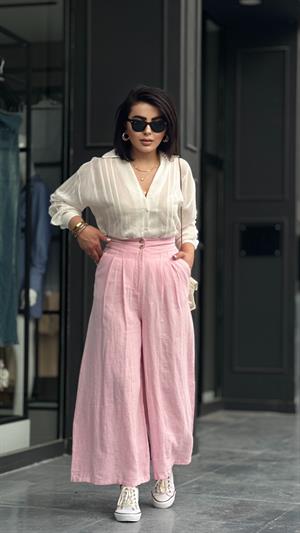Pembe % 100 Ham Keten Çift Pensli Çift Düğmeli Bol Paça Pantolon