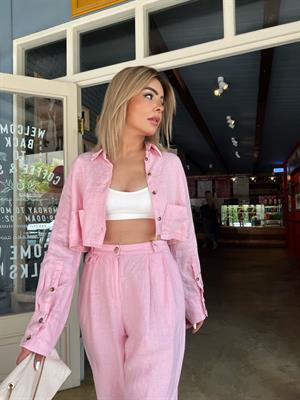 Pink 100% Raw Linen Crop Shirt