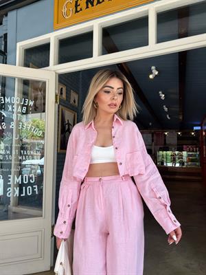 Pink 100% Raw Linen Crop Shirt